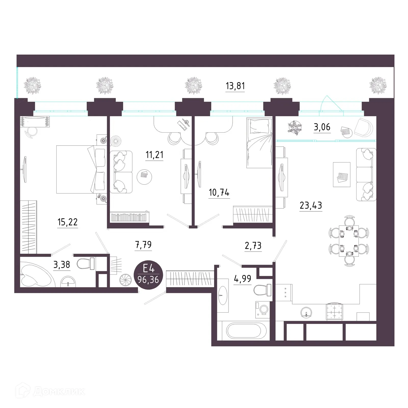 Планировка 3-комнатной квартиры 96.36 м² в ЖК Крылья, г. Рязань — фото 16