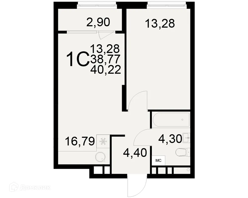 Планировка 1-комнатной квартиры 40.22 м² в ЖК Радости жизни, г. Рязань — фото 1