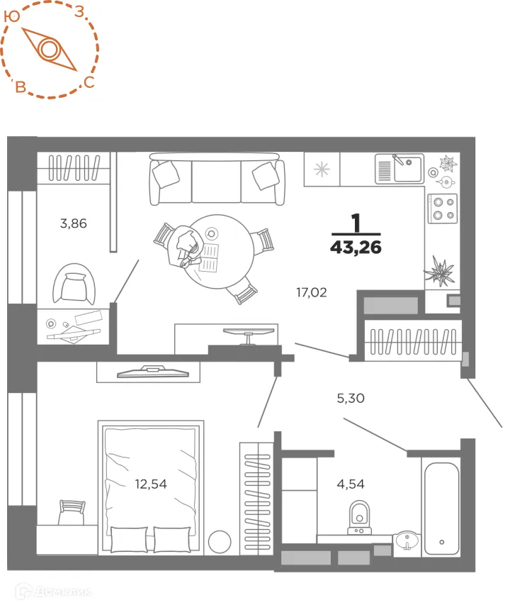 Планировка 1-комнатной квартиры 43.26 м² в ЖК Нобель, г. Рязань — фото 1