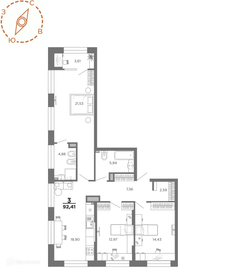 Планировка 3-комнатной квартиры 92.41 м² в ЖК Нобель, г. Рязань — фото 1