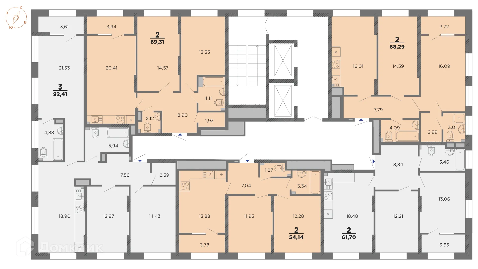 Планировка 3-комнатной квартиры 92.41 м² в ЖК Нобель, г. Рязань — фото 2