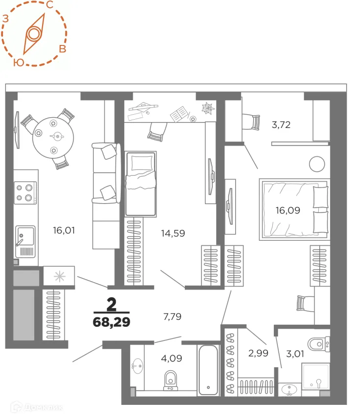 Планировка 2-комнатной квартиры 68.29 м² в ЖК Нобель, г. Рязань — фото 1