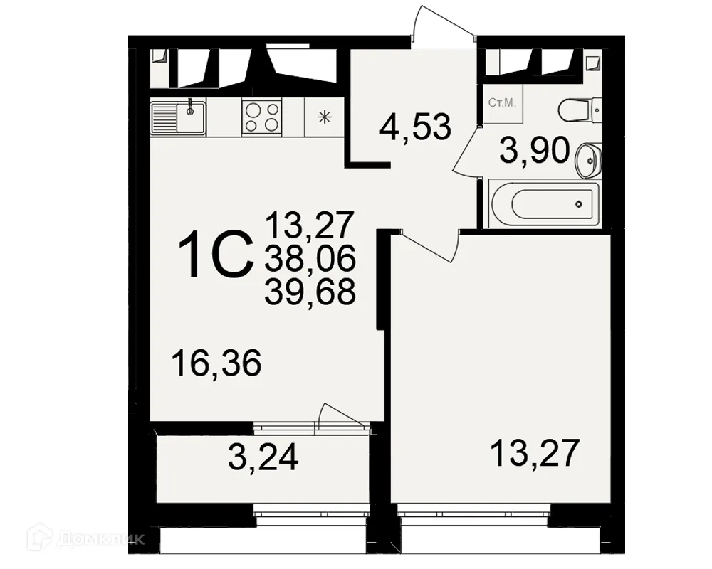 Планировка 1-комнатной квартиры 39.68 м² в ЖК Большая история, г. Рязань — фото 3