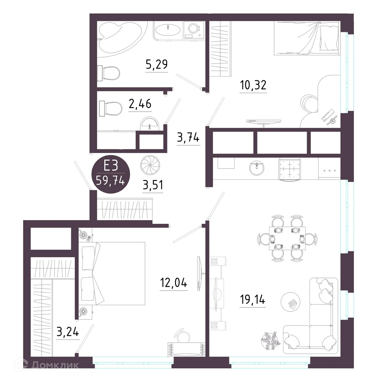 Планировка 2-комнатной квартиры 59.74 м² в ЖК Крылья, г. Рязань — фото 1