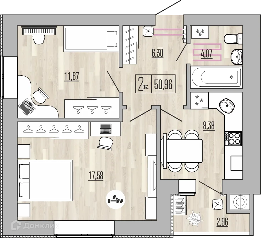 Планировка 2-комнатной квартиры 50.96 м² в ЖК Жилой Комплекс "Аист", г. Рыбное — фото 21