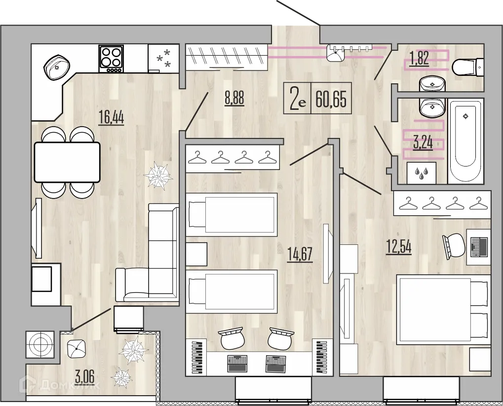 Планировка 2-комнатной квартиры 60.65 м² в ЖК Жилой Комплекс "Аист", г. Рыбное — фото 21