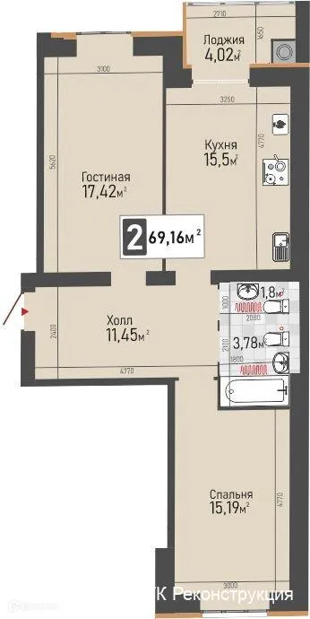 Планировка 2-комнатной квартиры 69.16 м² в ЖК Панорама, г. Рыбное — фото 2