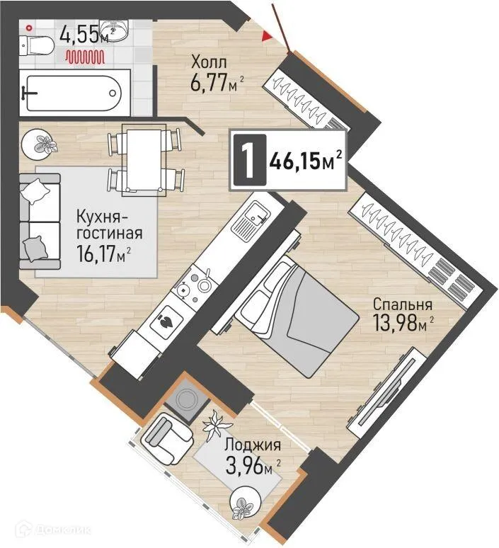 Планировка 1-комнатной квартиры 46.15 м² в ЖК Панорама, г. Рыбное — фото 1