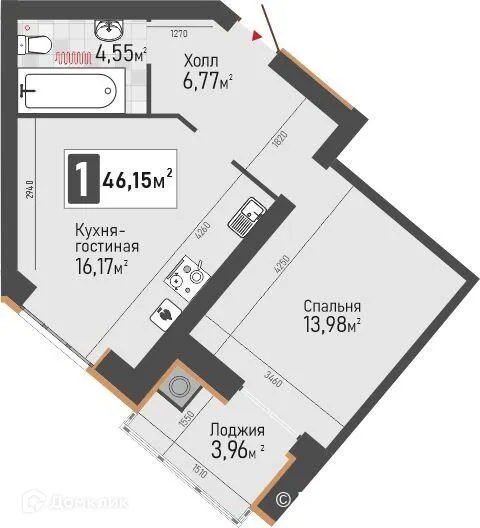 Планировка 1-комнатной квартиры 46.15 м² в ЖК Панорама, г. Рыбное — фото 2