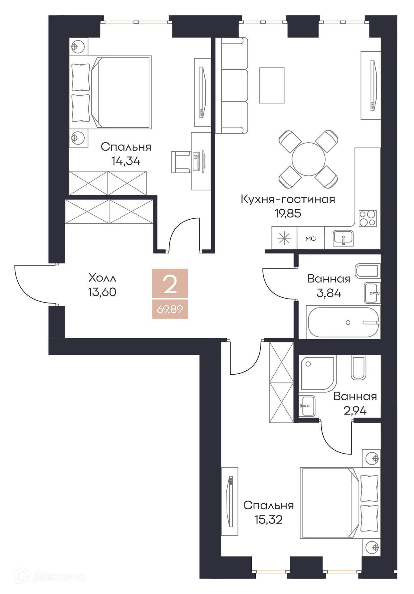 Планировка 2-комнатной квартиры 69.89 м² в ЖК Резиденция Поляна, г. Рязань — фото 15