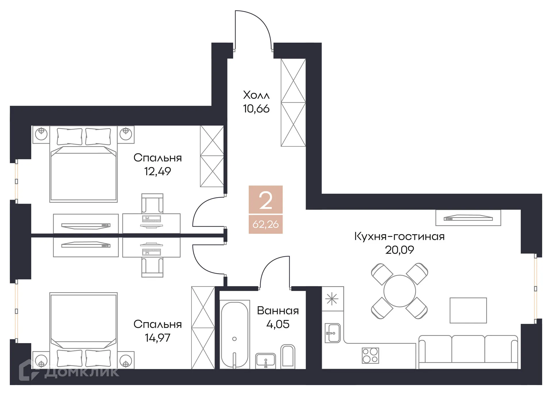 Планировка 2-комнатной квартиры 62.26 м² в ЖК Резиденция Поляна, г. Рязань — фото 15
