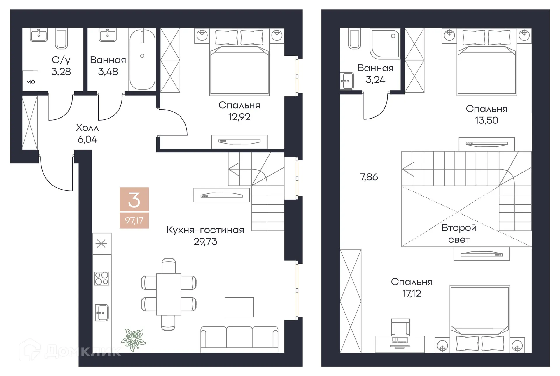 Планировка 3-комнатной квартиры 97.17 м² в ЖК Резиденция Поляна, г. Рязань — фото 23