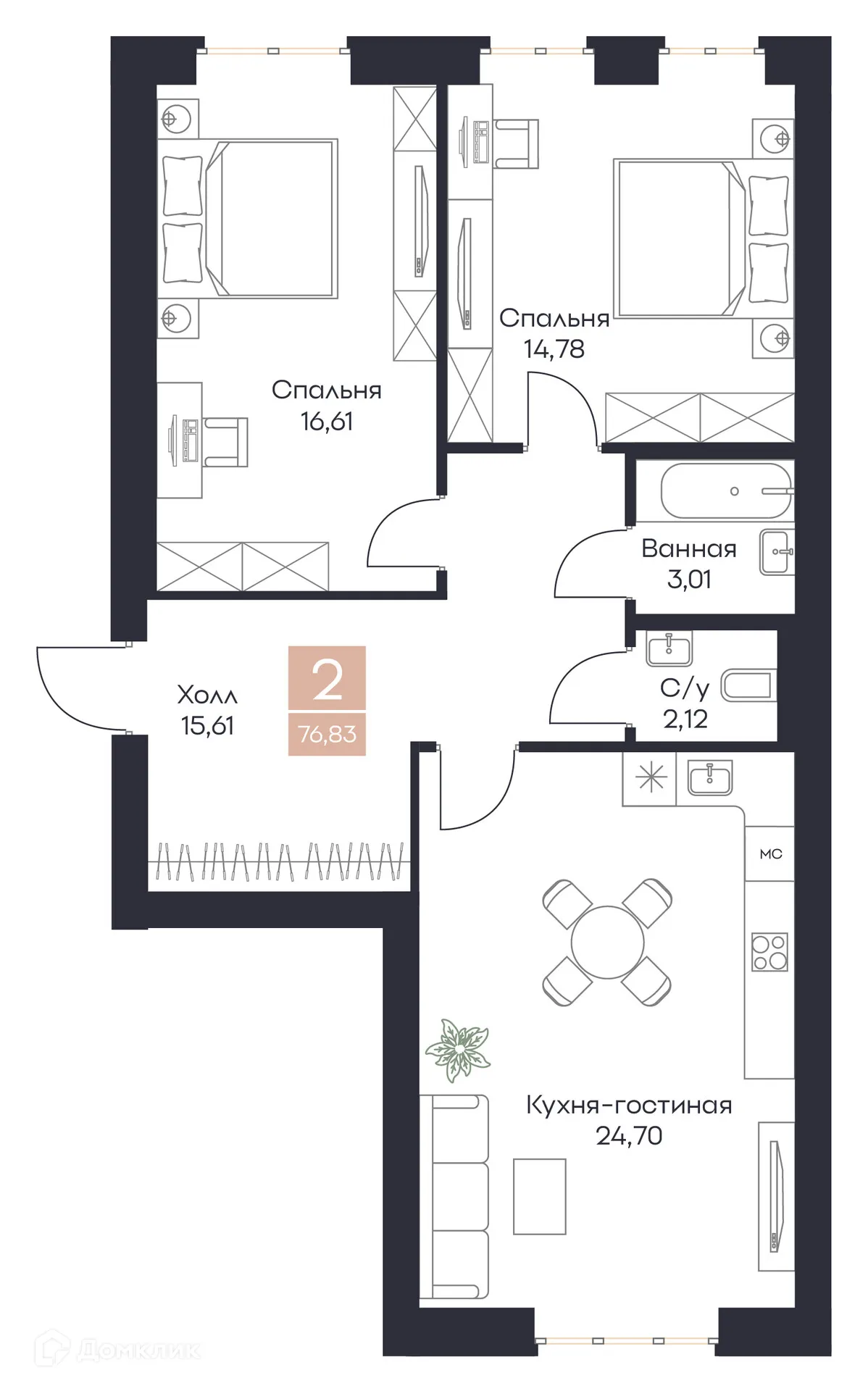 Планировка 2-комнатной квартиры 76.83 м² в ЖК Резиденция Поляна, г. Рязань — фото 13