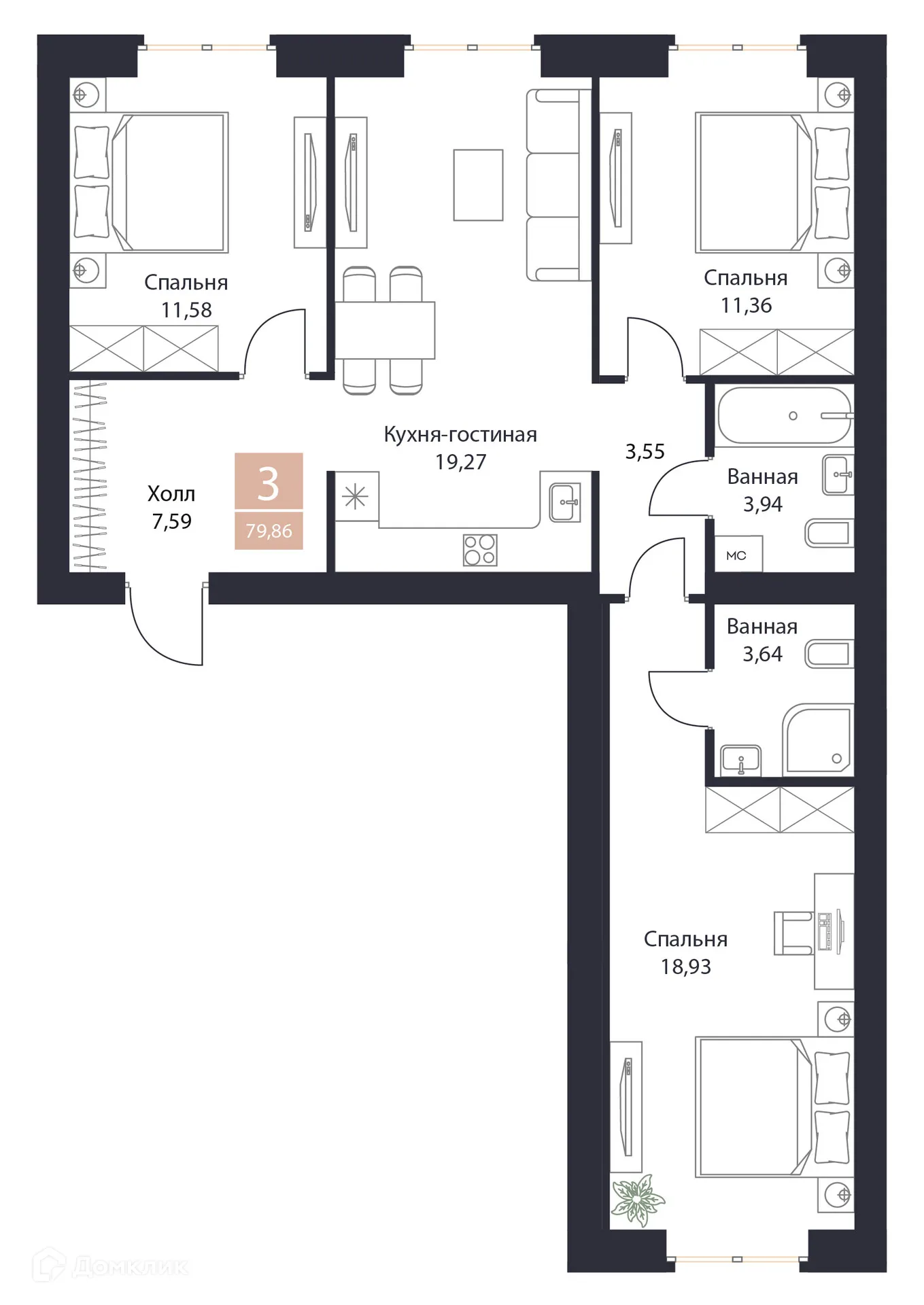 Планировка 3-комнатной квартиры 79.86 м² в ЖК Резиденция Поляна, г. Рязань — фото 15