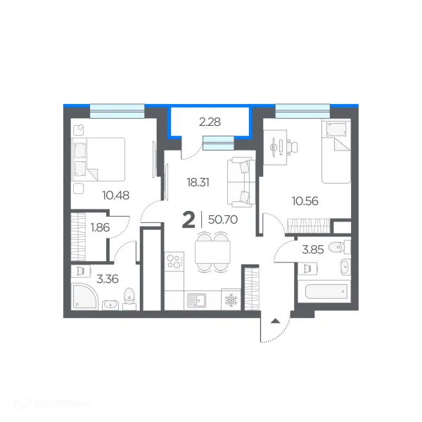 Планировка 2 комн. в ЖК Новые горизонты