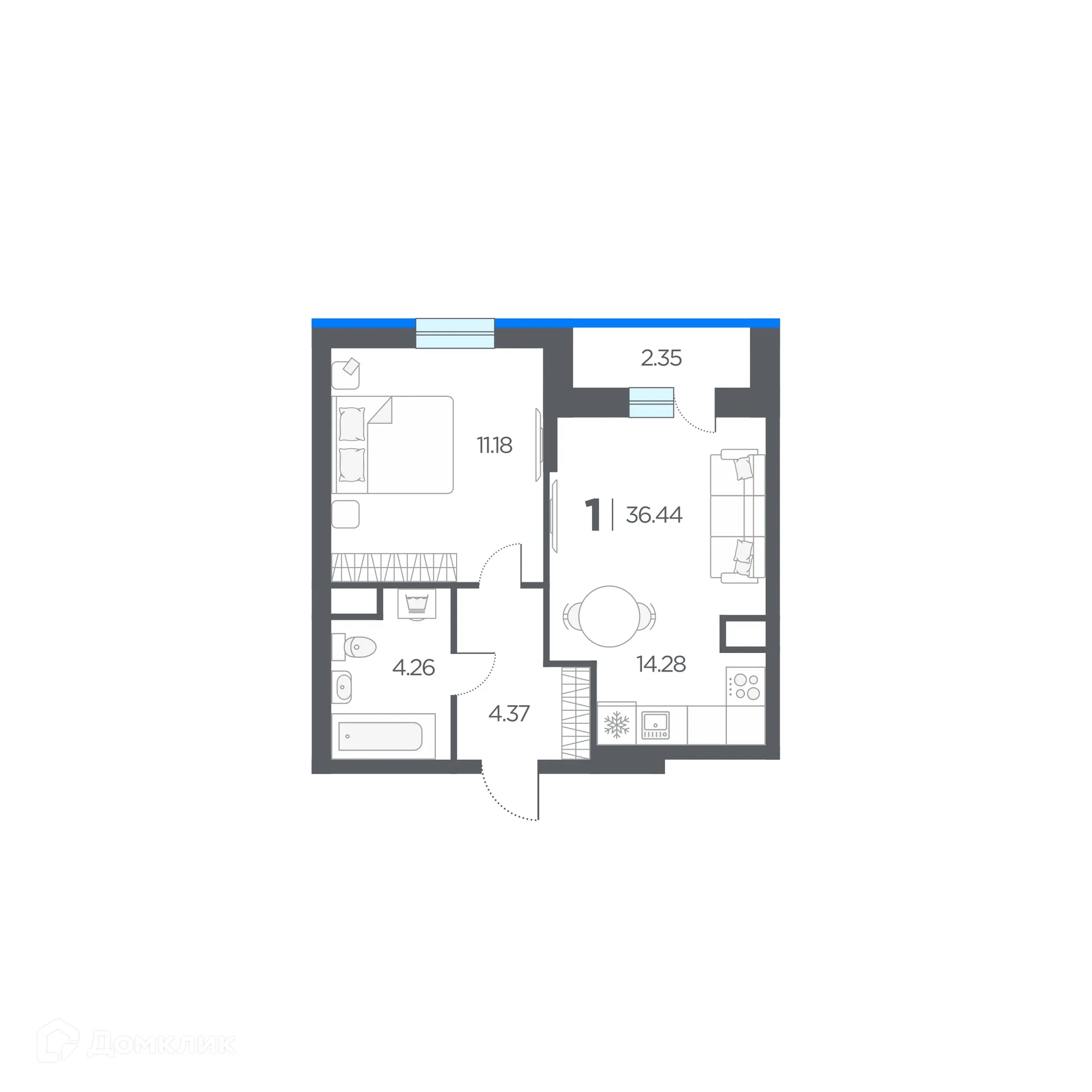 Планировка 1-комнатной квартиры 36.44 м² в ЖК Окские просторы, г. Рязань — фото 7