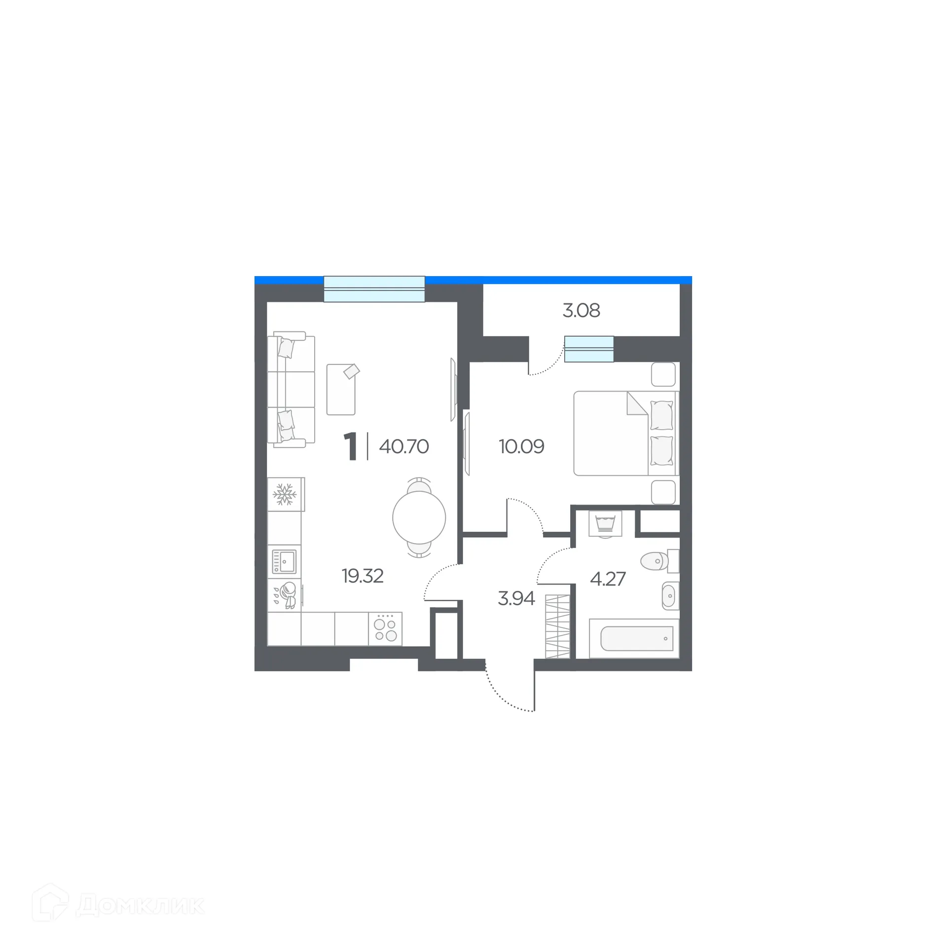 Планировка 1-комнатной квартиры 40.7 м² в ЖК Окские просторы, г. Рязань — фото 1
