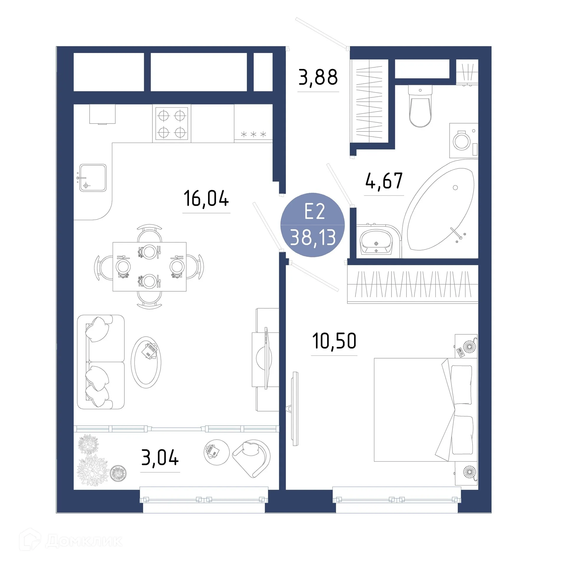 Планировка 1-комнатной квартиры 38.13 м² в ЖК Бульвар оптимистов, г. Дядьково — фото 1