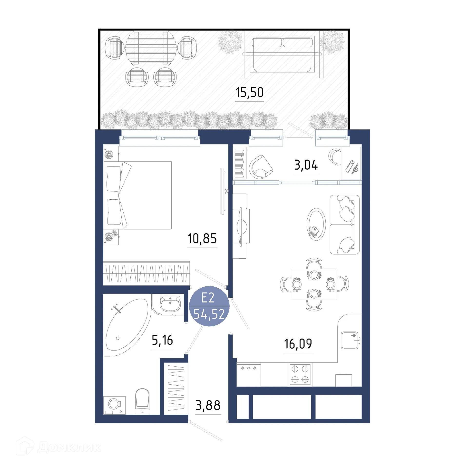 Планировка 1-комнатной квартиры 54.52 м² в ЖК Бульвар оптимистов, г. Дядьково — фото 1