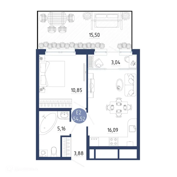 Планировка 1 комн. в ЖК Бульвар оптимистов