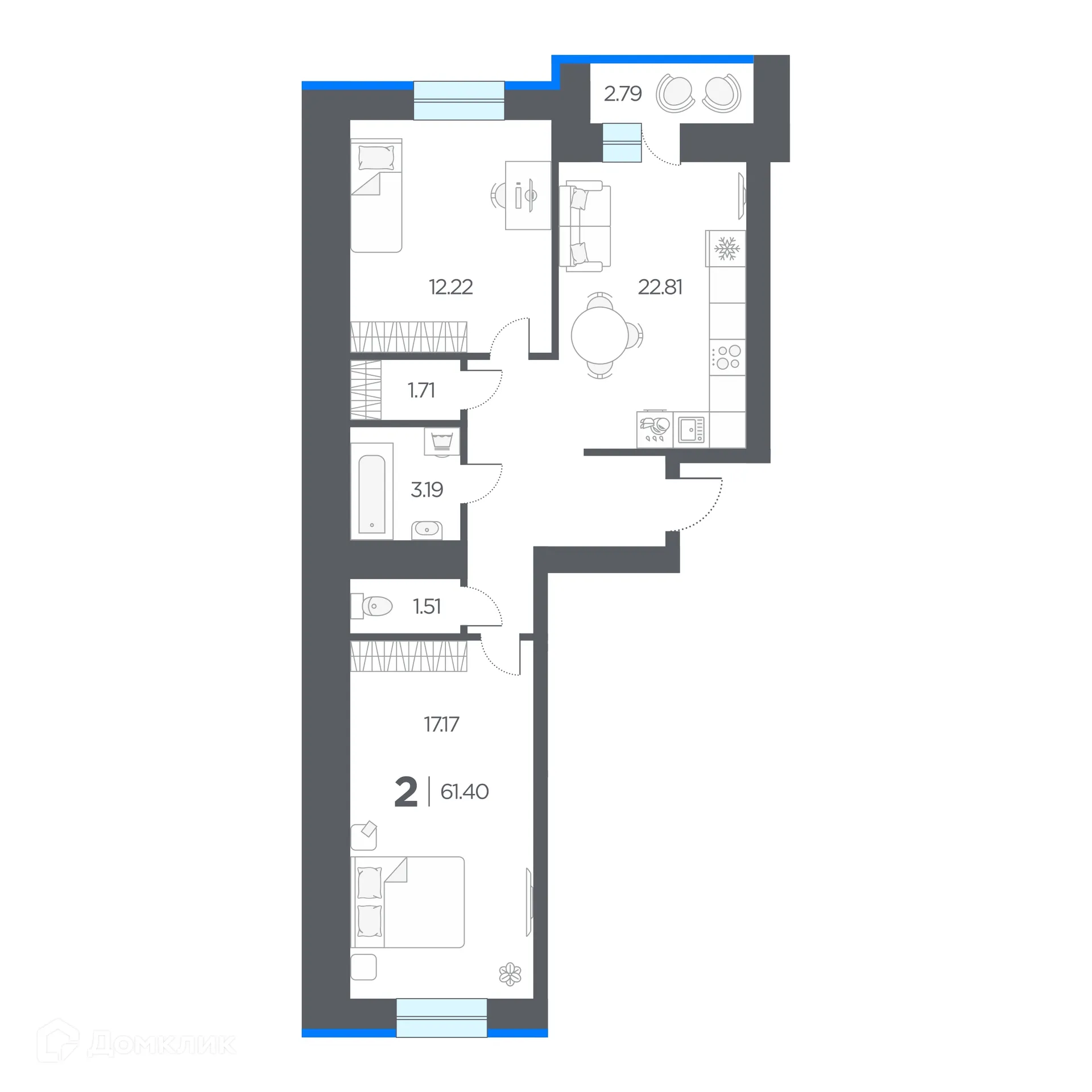 Планировка 2-комнатной квартиры 61.4 м² в ЖК ОГНИ, г. Дядьково — фото 1