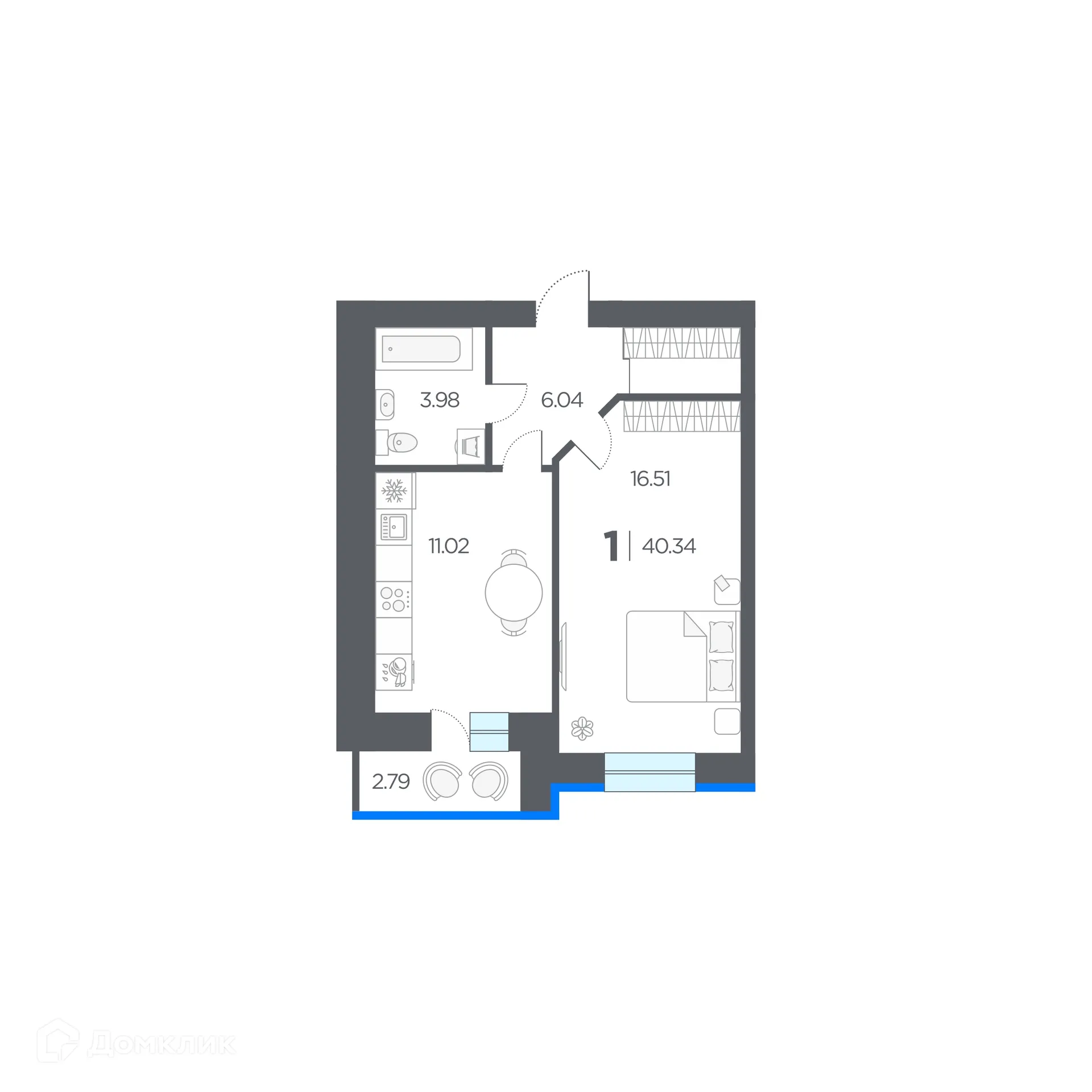Планировка 1-комнатной квартиры 40.34 м² в ЖК ОГНИ, г. Дядьково — фото 6