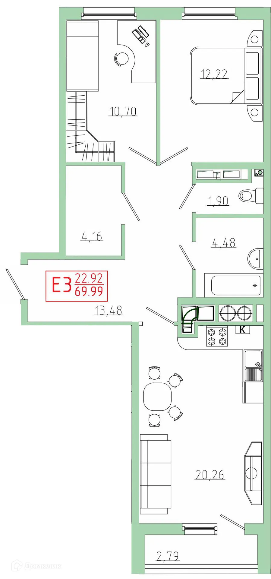 Планировка 2-комнатной квартиры 69.99 м² в ЖК Бульвар оптимистов, г. Дядьково — фото 1