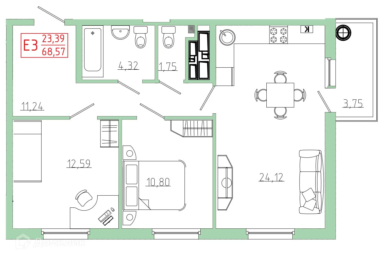 Планировка 2-комнатной квартиры 68.57 м² в ЖК Бульвар оптимистов, г. Дядьково — фото 1
