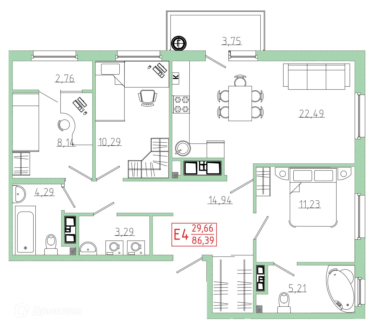 Планировка 3-комнатной квартиры 86.39 м² в ЖК Бульвар оптимистов, г. Дядьково — фото 1