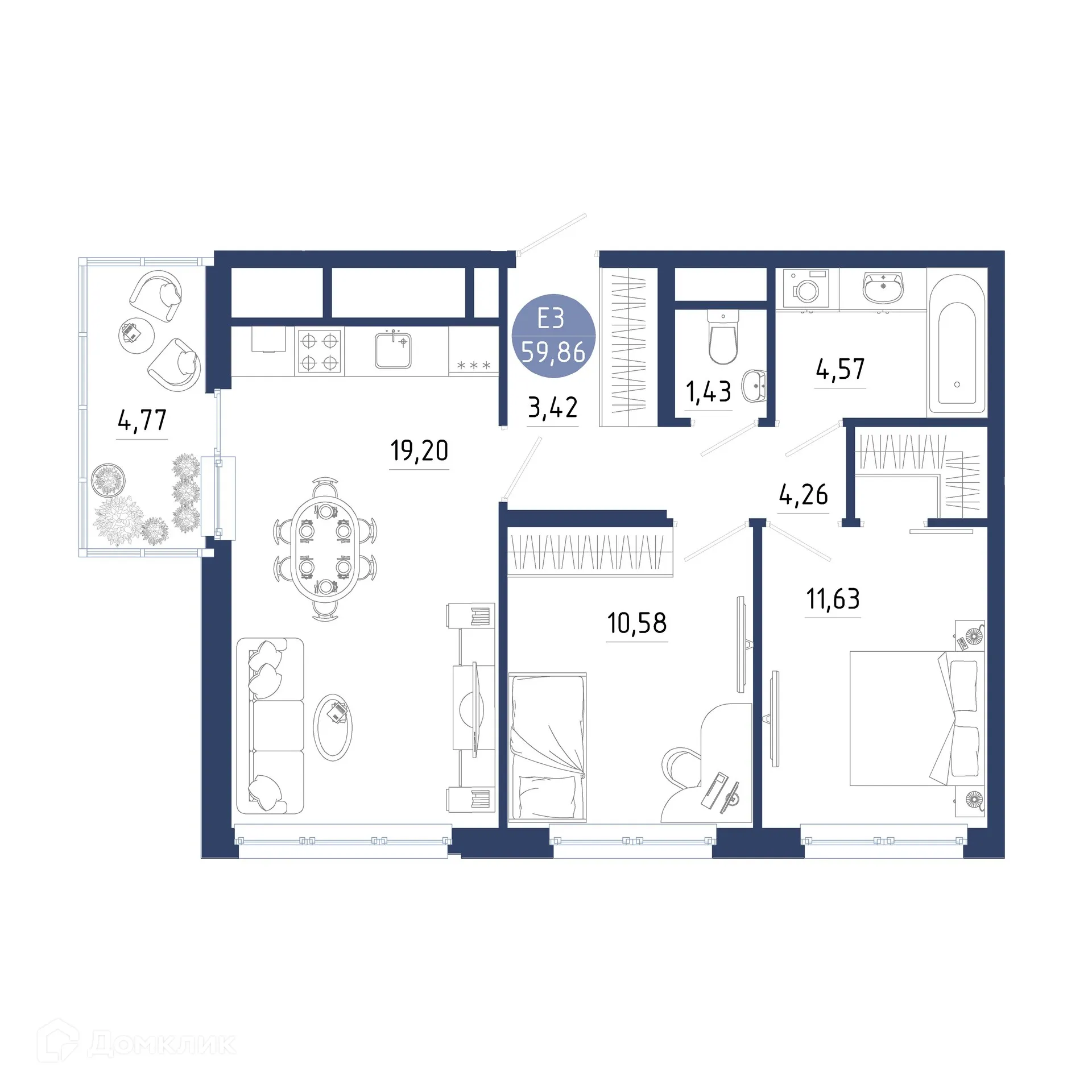 Планировка 2-комнатной квартиры 59.86 м² в ЖК Бульвар оптимистов, г. Дядьково — фото 1