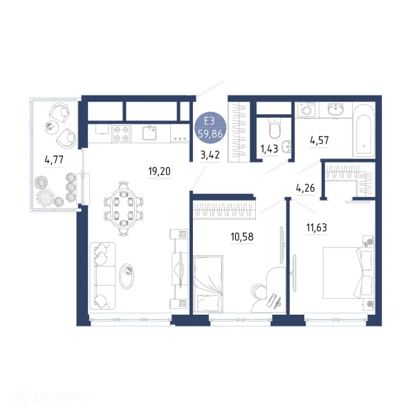 Планировка 2 комн. в ЖК Бульвар оптимистов