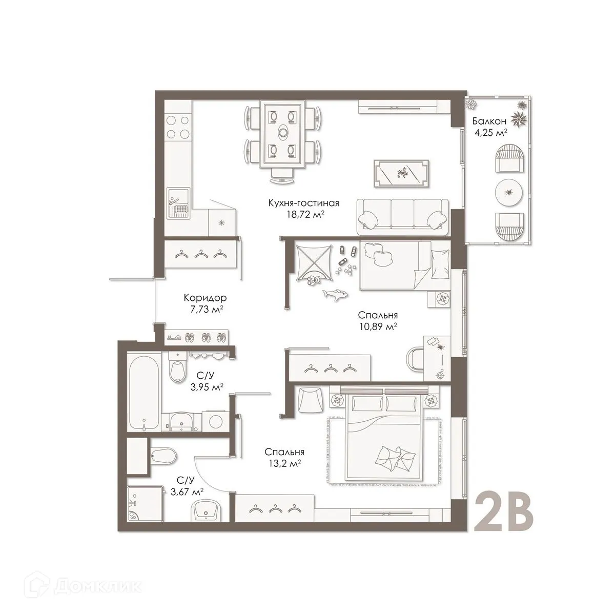 Планировка 2-комнатной квартиры 59.37 м² в ЖК Правый берег, г. Дядьково — фото 14
