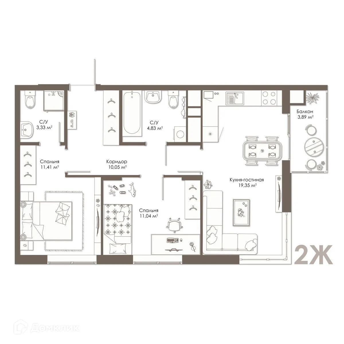 Планировка 2-комнатной квартиры 61.13 м² в ЖК Правый берег, г. Дядьково — фото 9