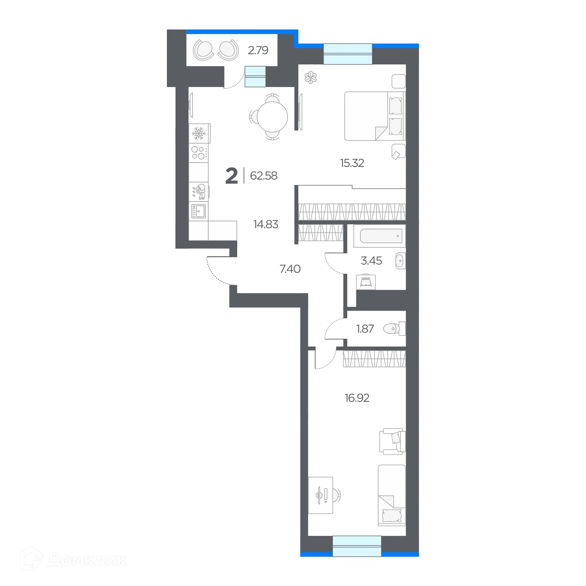 Планировка 2-комнатной квартиры 62.58 м² в ЖК ОГНИ, г. Дядьково — фото 1