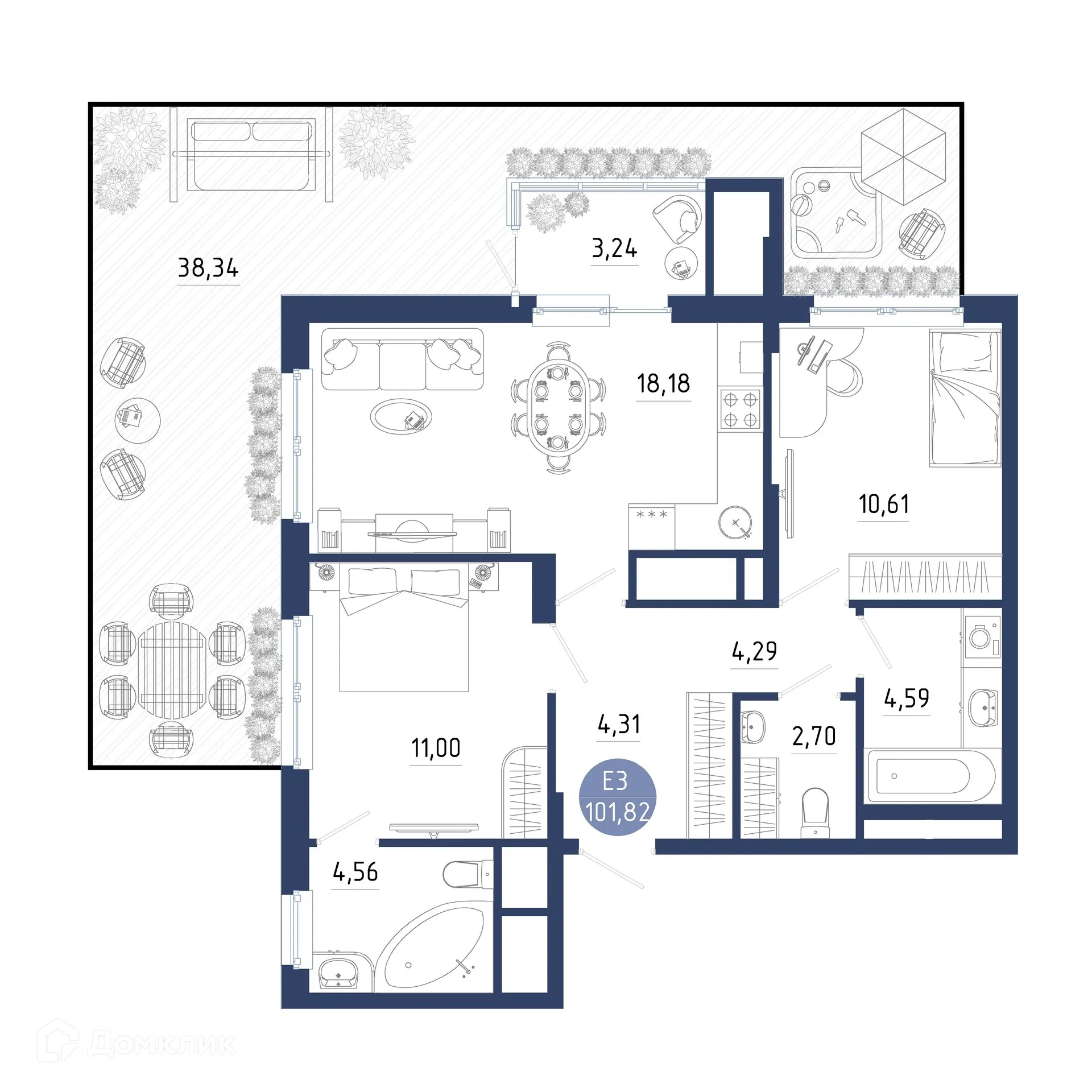 Планировка 2-комнатной квартиры 101.82 м² в ЖК Бульвар оптимистов, г. Дядьково — фото 23