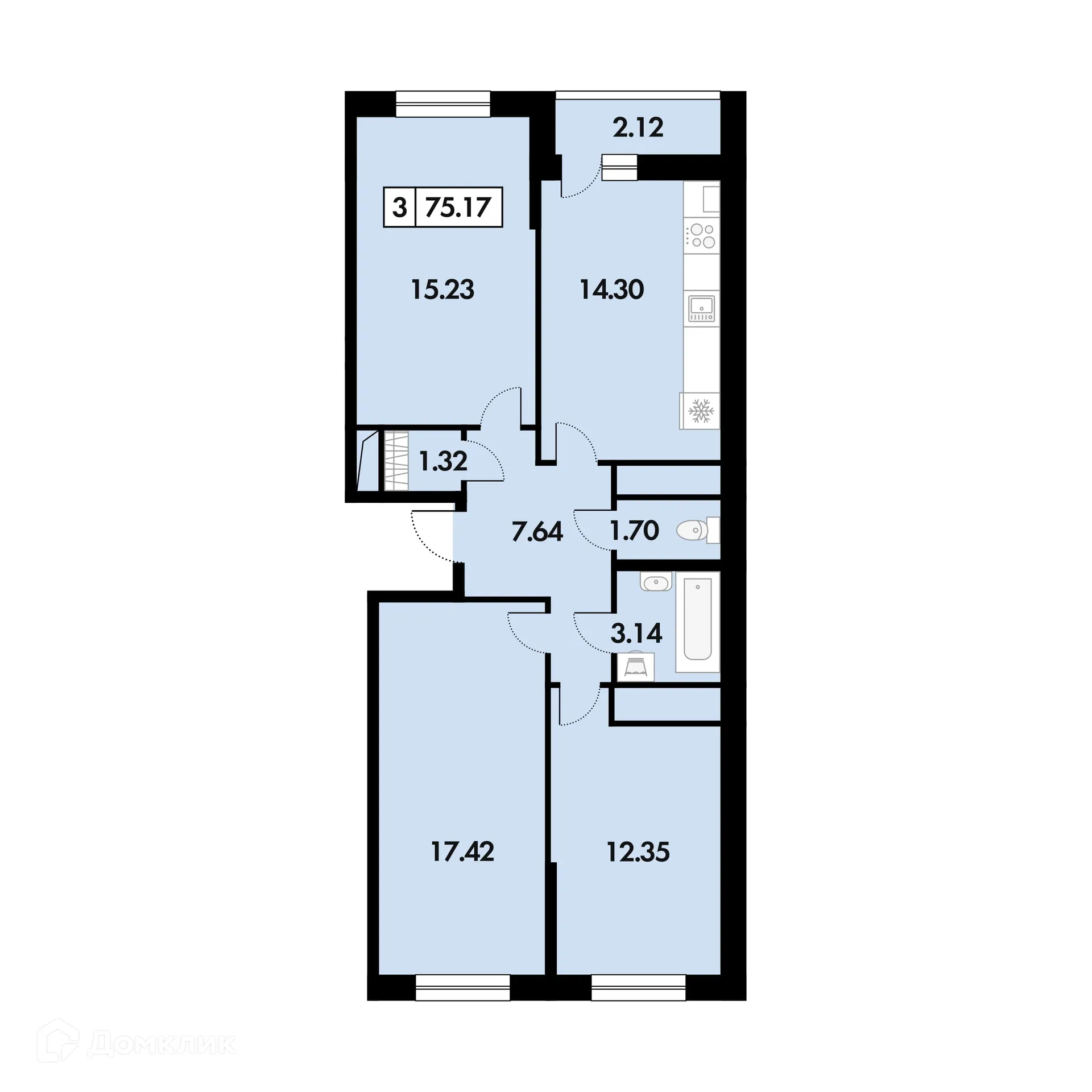 Планировка 3-комнатной квартиры 74.7 м² в ЖК Шереметьевский квартал, г. Дядьково — фото 1
