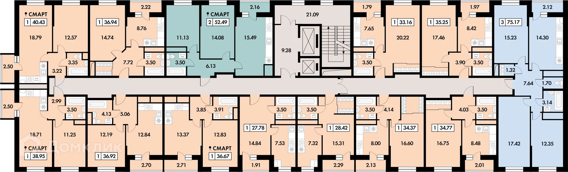 Планировка 3-комнатной квартиры 74.7 м² в ЖК Шереметьевский квартал, г. Дядьково — фото 2