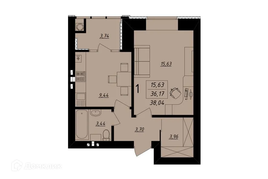 Планировка 1-комнатной квартиры 38.9 м² в ЖК Дом на Октябрьской, г. Рязань — фото 2