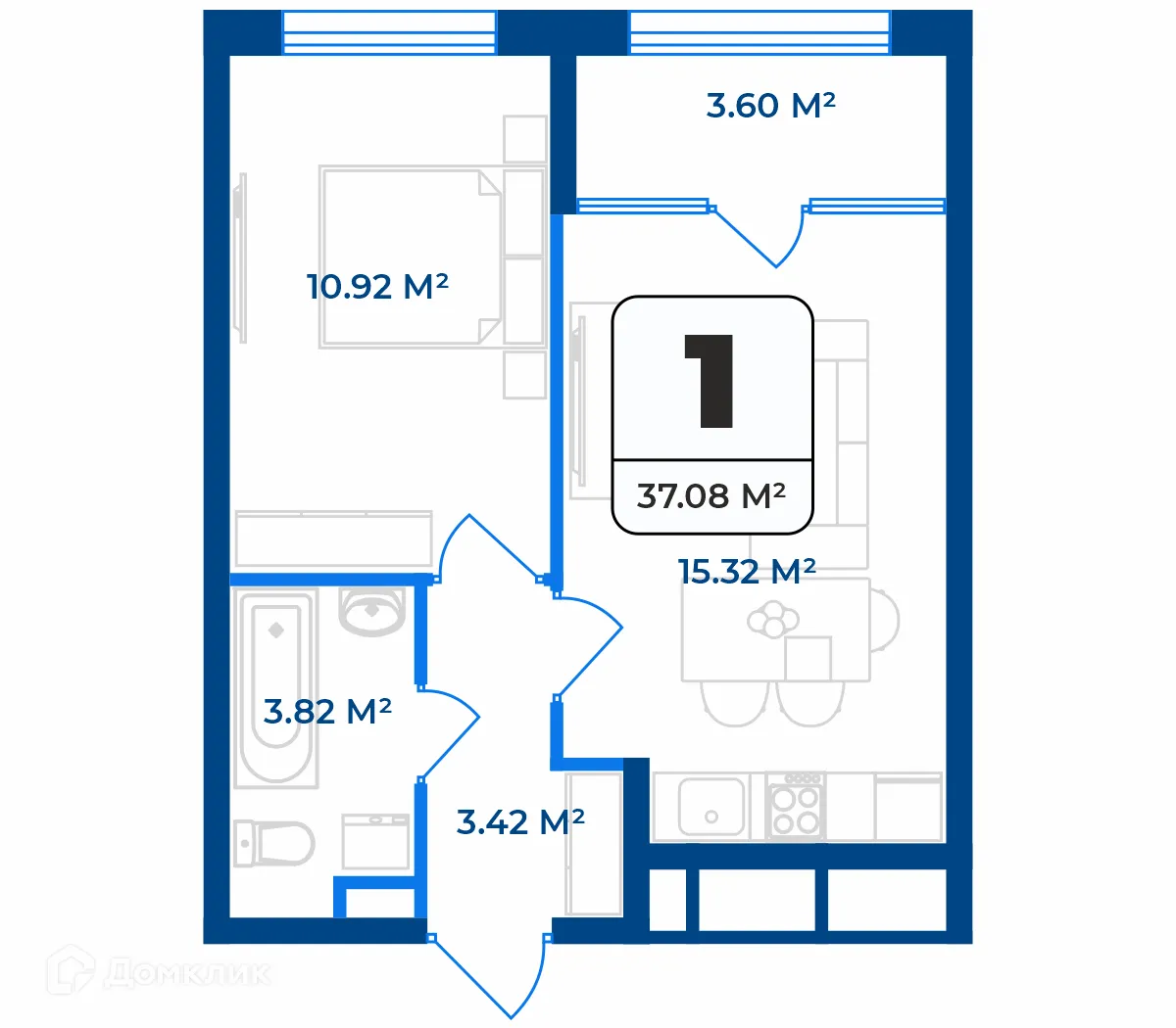 Планировка 1-комнатной квартиры 35.28 м² в ЖК Дом на Разина, г. Рязань — фото 1