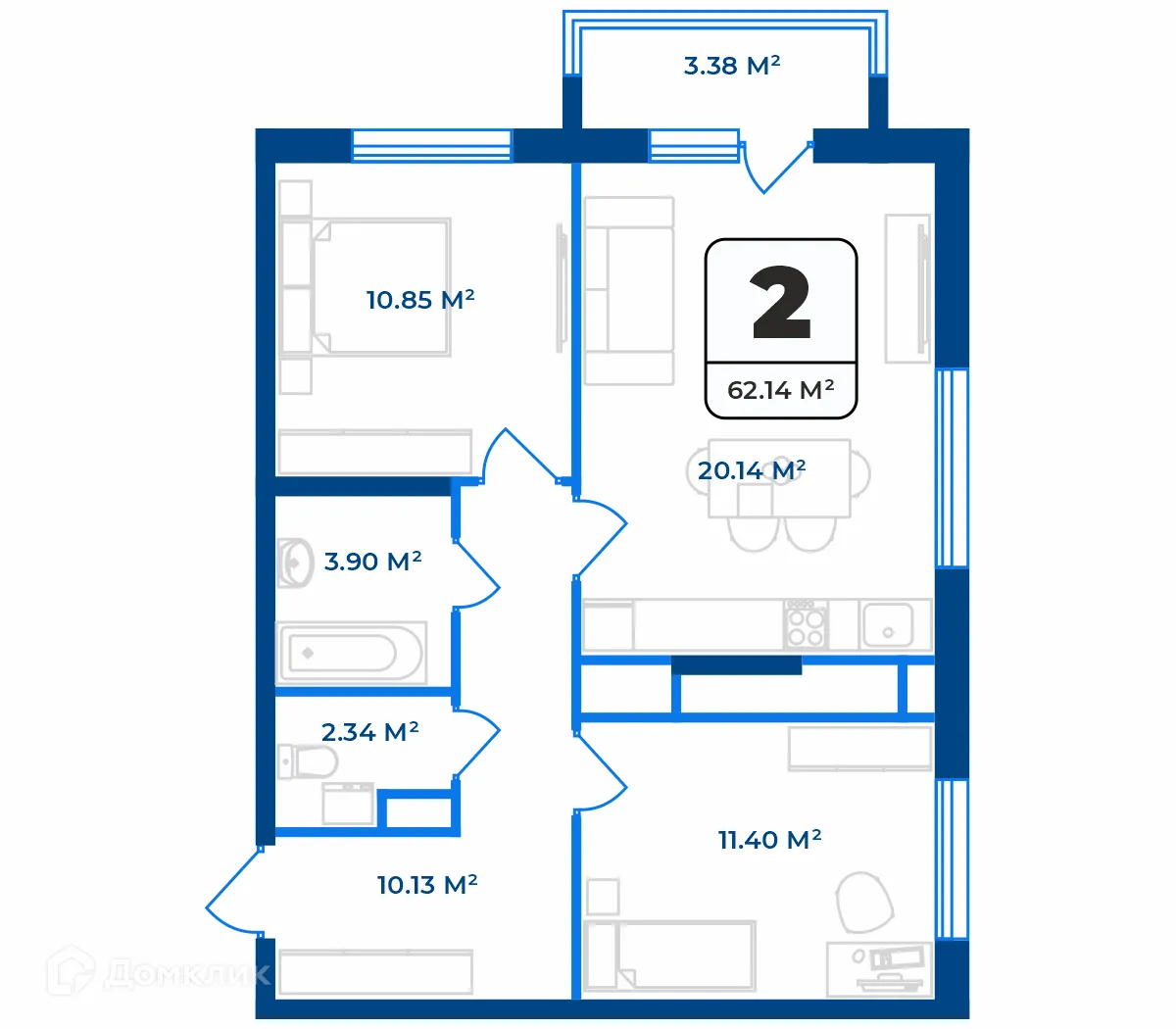 Планировка 2-комнатной квартиры 59.774 м² в ЖК Дом на Разина, г. Рязань — фото 1