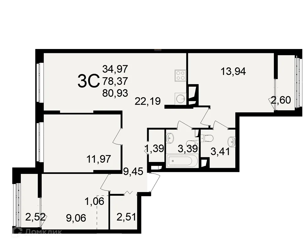 Планировка 3-комнатной квартиры 80.93 м² в ЖК"Новое измерение", г. Рязань — фото 1
