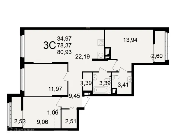 Планировка 3 комн. в ЖК"Новое измерение"