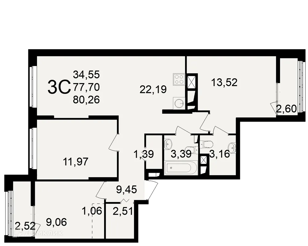 Планировка 3-комнатной квартиры 80.26 м² в ЖК"Новое измерение", г. Рязань — фото 1