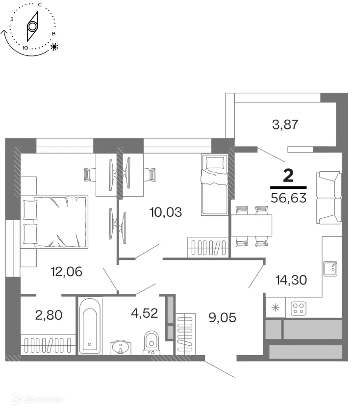 Планировка 2-комнатной квартиры 56.63 м² в ЖК "Бирюзова Парк", г. Рязань — фото 1
