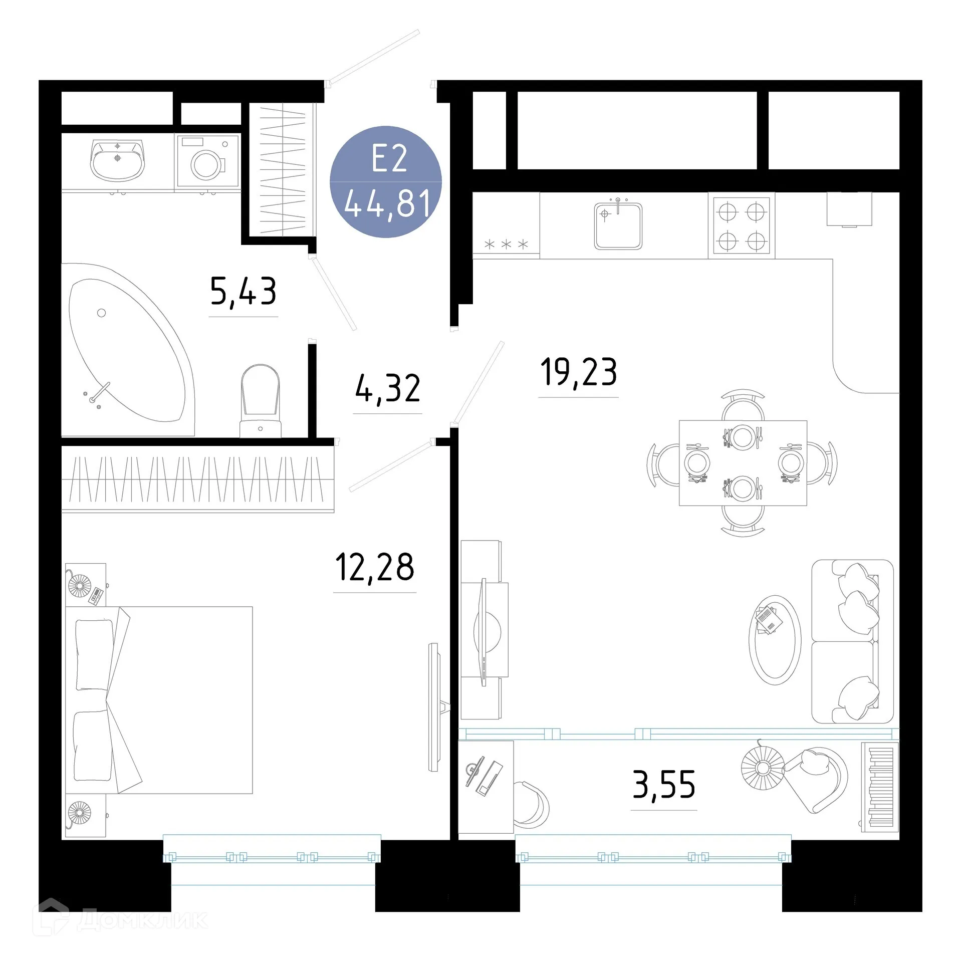 Планировка 1-комнатной квартиры 44.81 м² в ЖК РОЩА, г. Рязань — фото 17