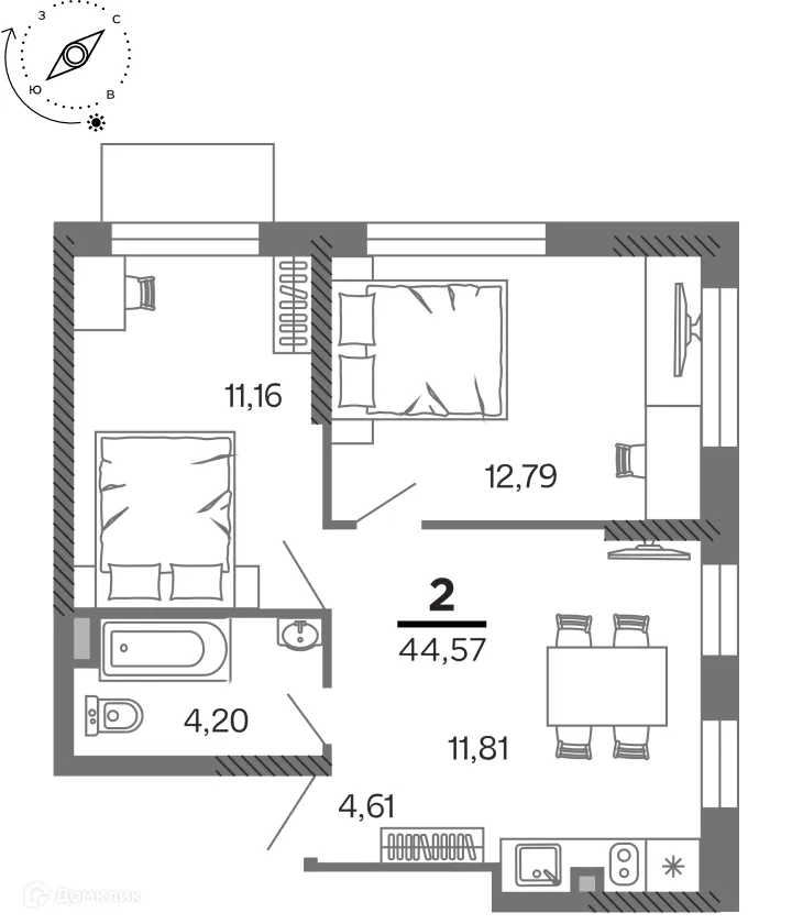 Планировка 2-комнатной квартиры 44.57 м² в ЖК город Рязань, Улица Зубковой, г. Рязань — фото 39