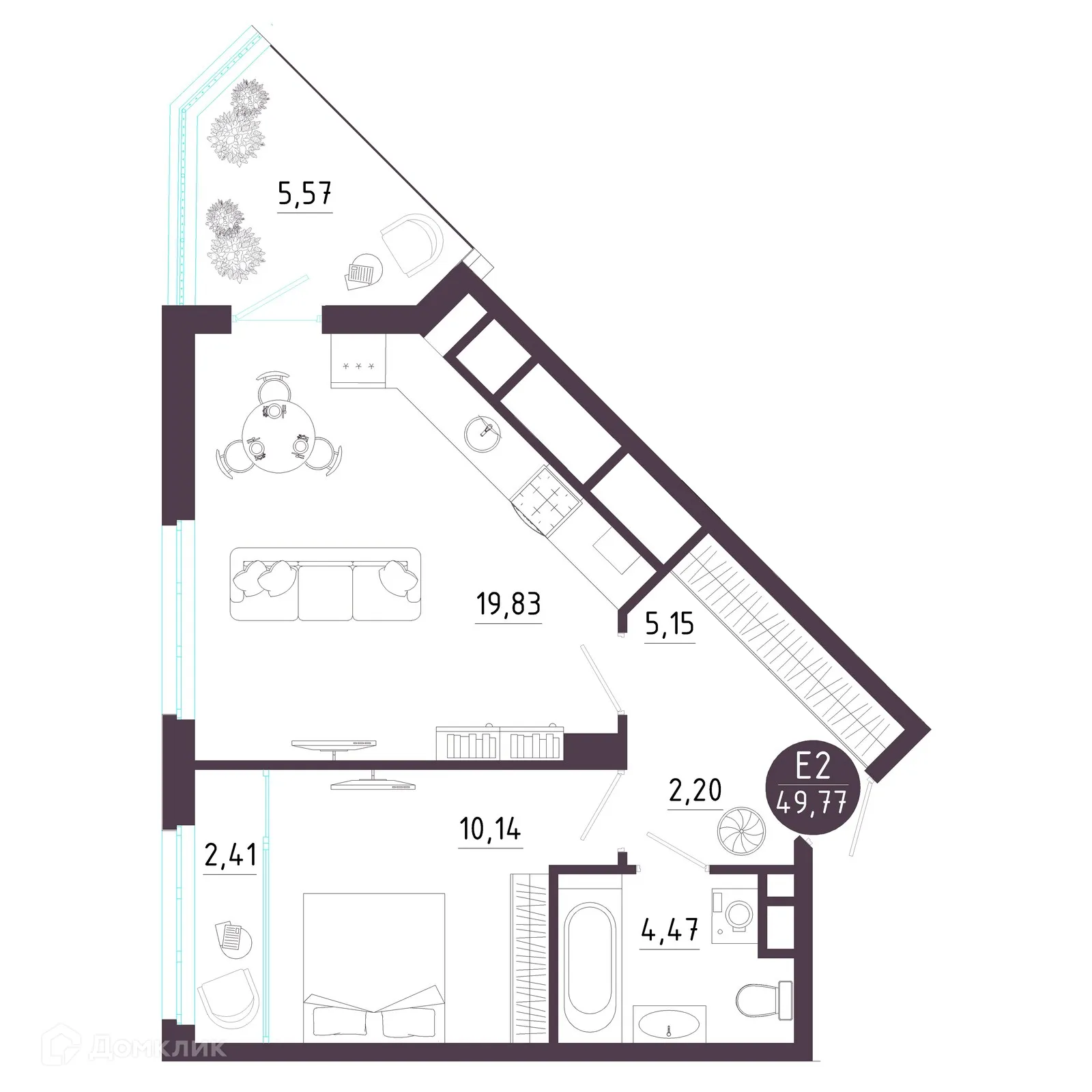 Планировка 1-комнатной квартиры 49.77 м² в ЖК Крылья, г. Рязань — фото 17