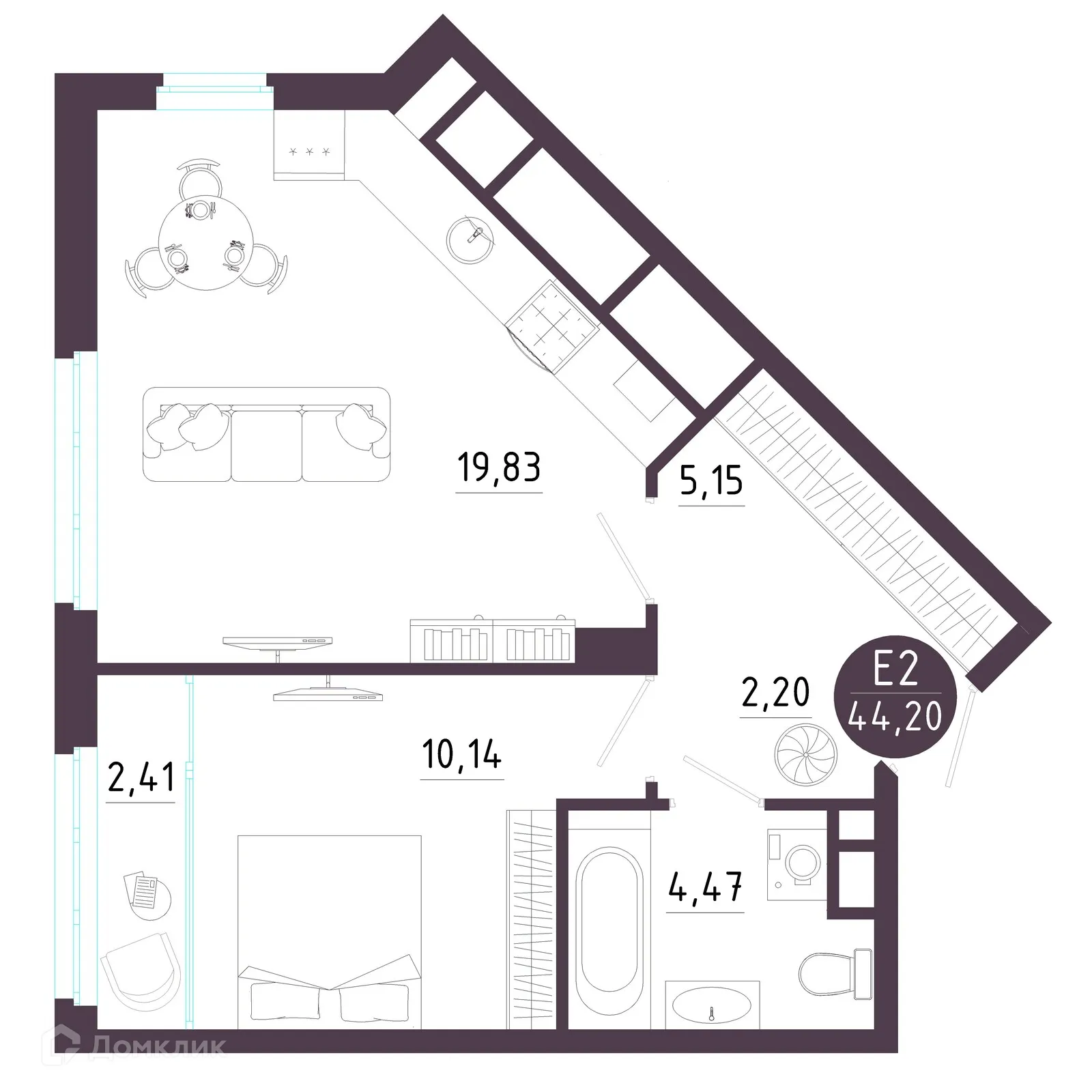 Планировка 1-комнатной квартиры 44.2 м² в ЖК Крылья, г. Рязань — фото 2