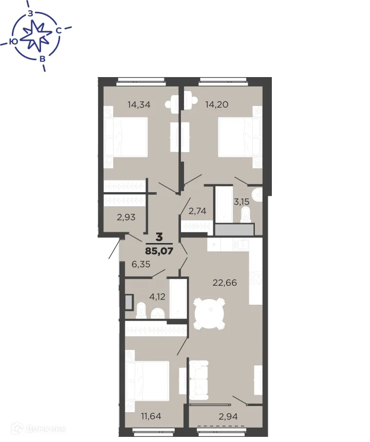 Планировка 3-комнатной квартиры 85.07 м² в ЖК Метропарк, г. Рязань — фото 15