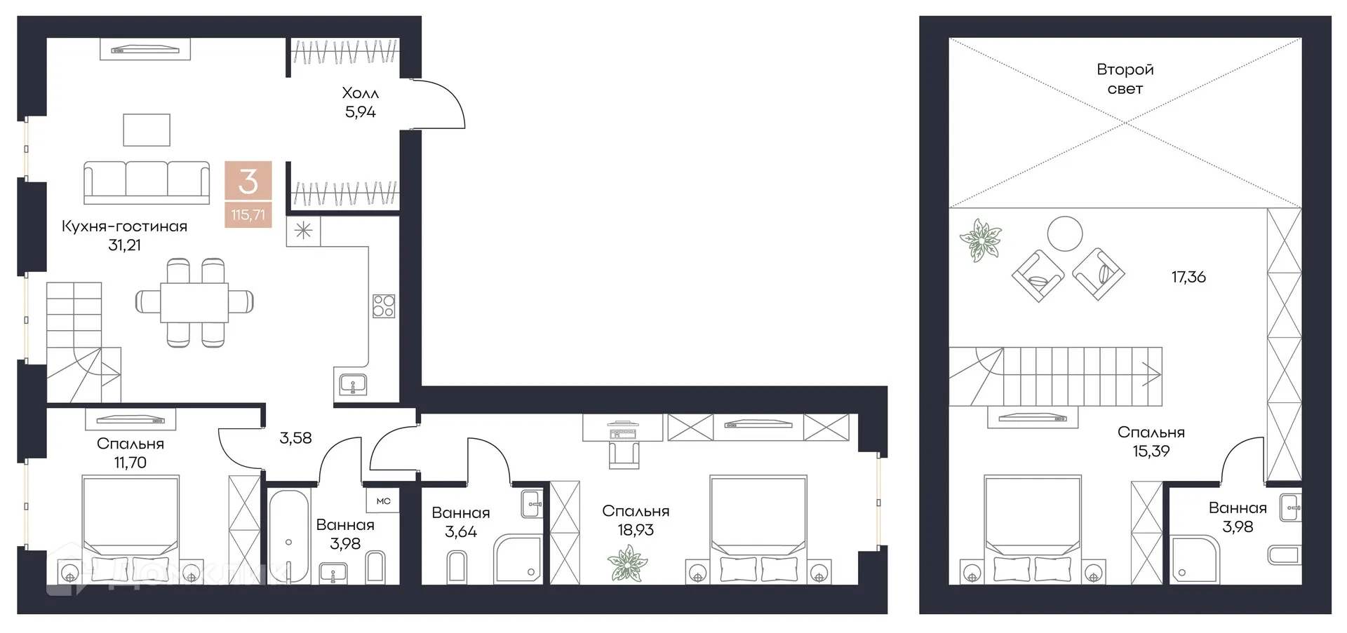 Планировка 3-комнатной квартиры 115.71 м² в ЖК Резиденция Поляна, г. Рязань — фото 3